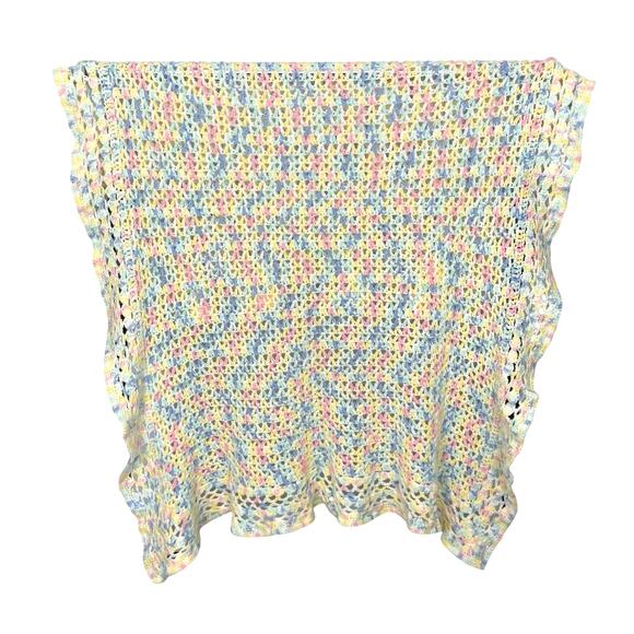 Vintage Handmade Crochet Afghan Throw Blanket 48x41 Pastel Multi Ruffle Hem Baby - Picture 1 of 5